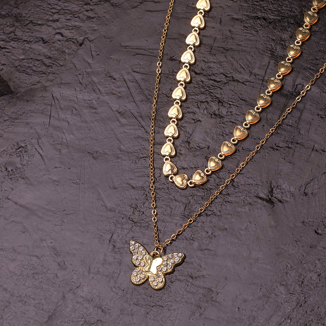 Two Layer Necklace - Butterfly Pendant, Chain of Hearts