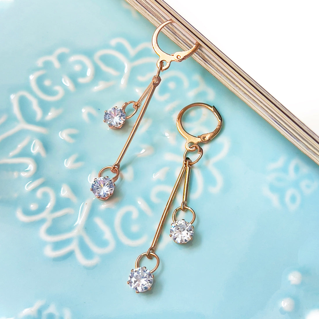 Circular White Crystal Diamante Stud Rose Gold-Toned Hoop Drop Earrings