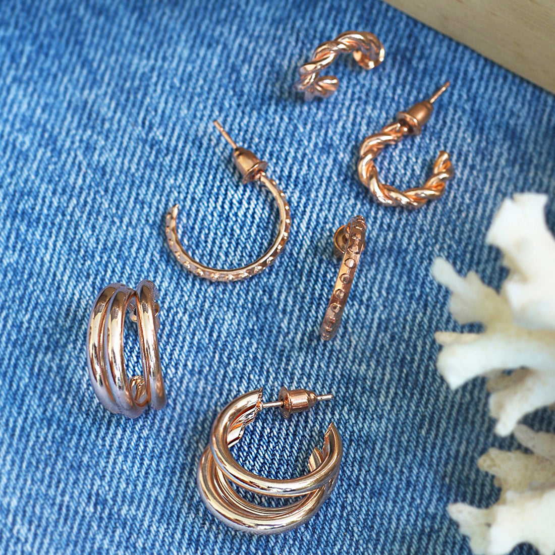 Set Of 3 Rose-Gold Toned Mini Twisted, Textured & Chunky Layered Open-Hoop Earrings