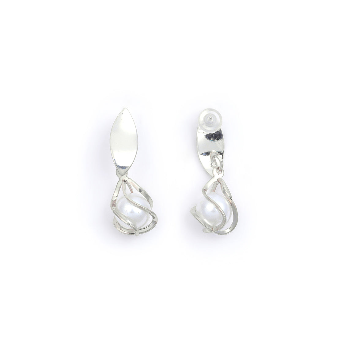 Chic Silver-Toned Earrings With Lustrous Pearl Drops.