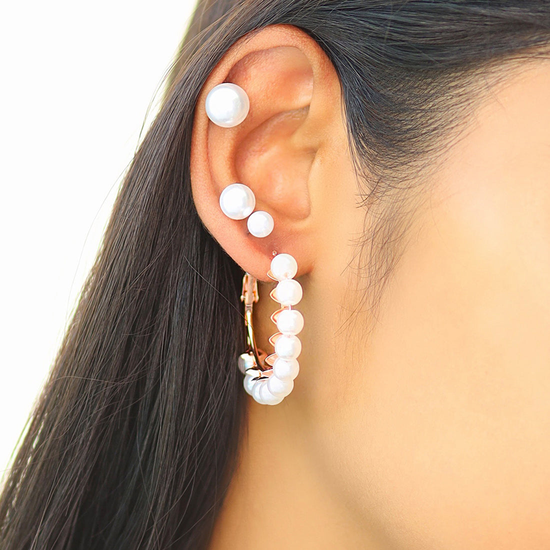 Set Of 4 Pearl Studs In Different Sizes & Rose Gold-Toned Pearl Studded Hoop Earrings