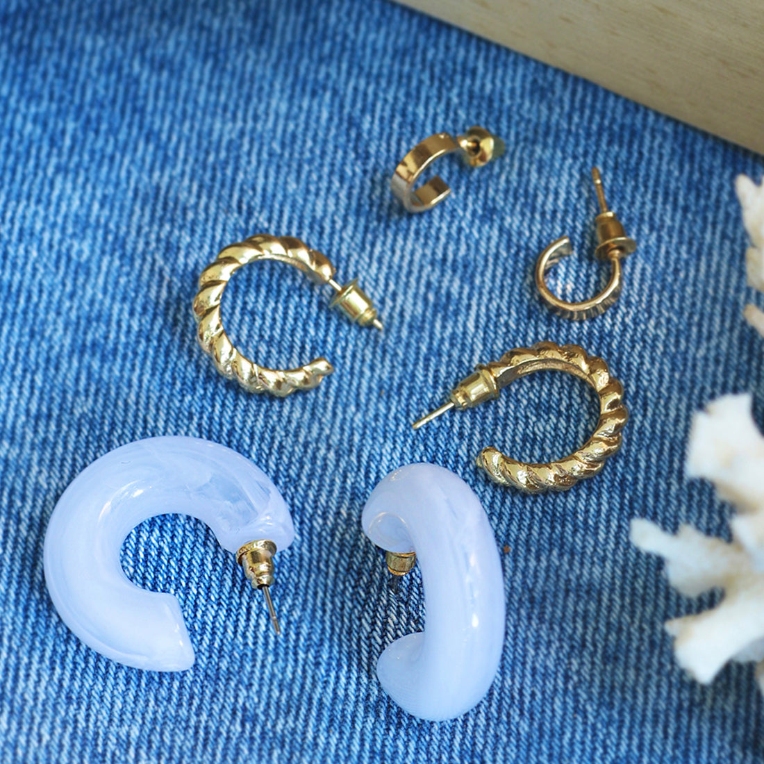 Set Of 3 Gold-Toned Mini, Twisted & Resin Open-Hoop Party Earrings