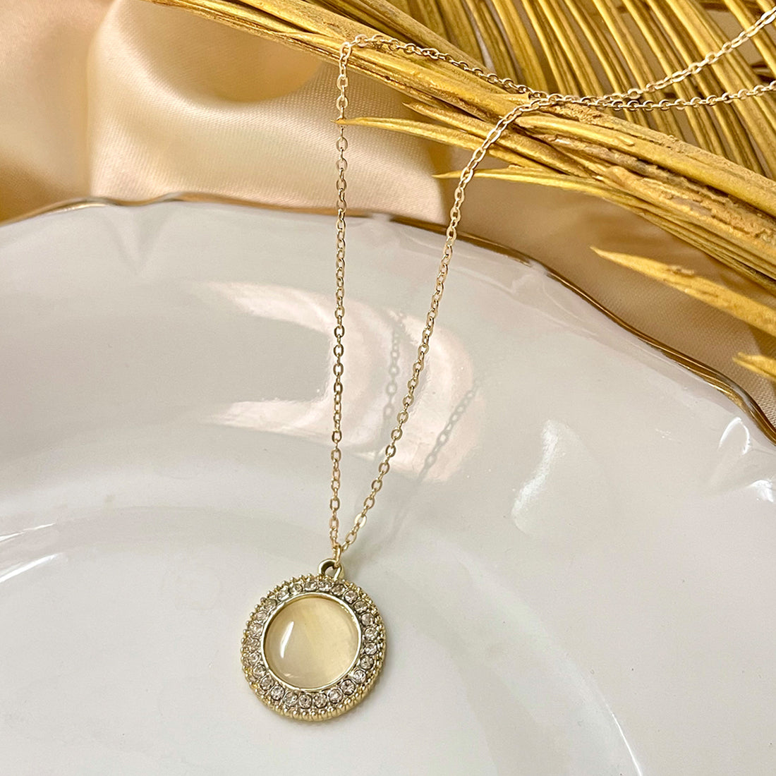 Ayesha Mini Circular Diamante Studded Moonstone Pendant Gold-Toned Necklace