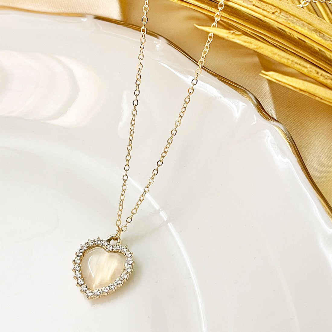 Ayesha Mini Heart Diamante Studded Moonstone Pendant Gold-Toned Necklace