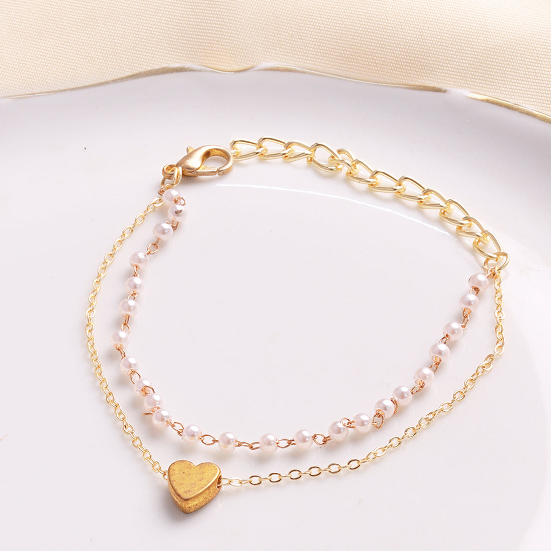 Two-Layered Bracelet: Gold-Toned Heart Chain & Seed Pearls Strand