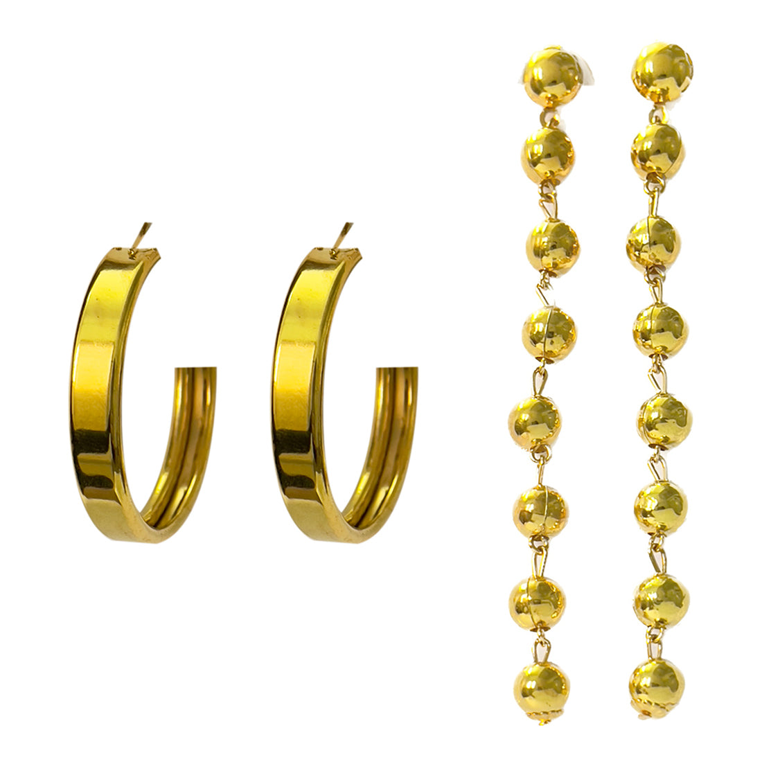 Set Of 2 Metallic Gold-Toned Long Circular Drop Earrings & Hoop Earrings
