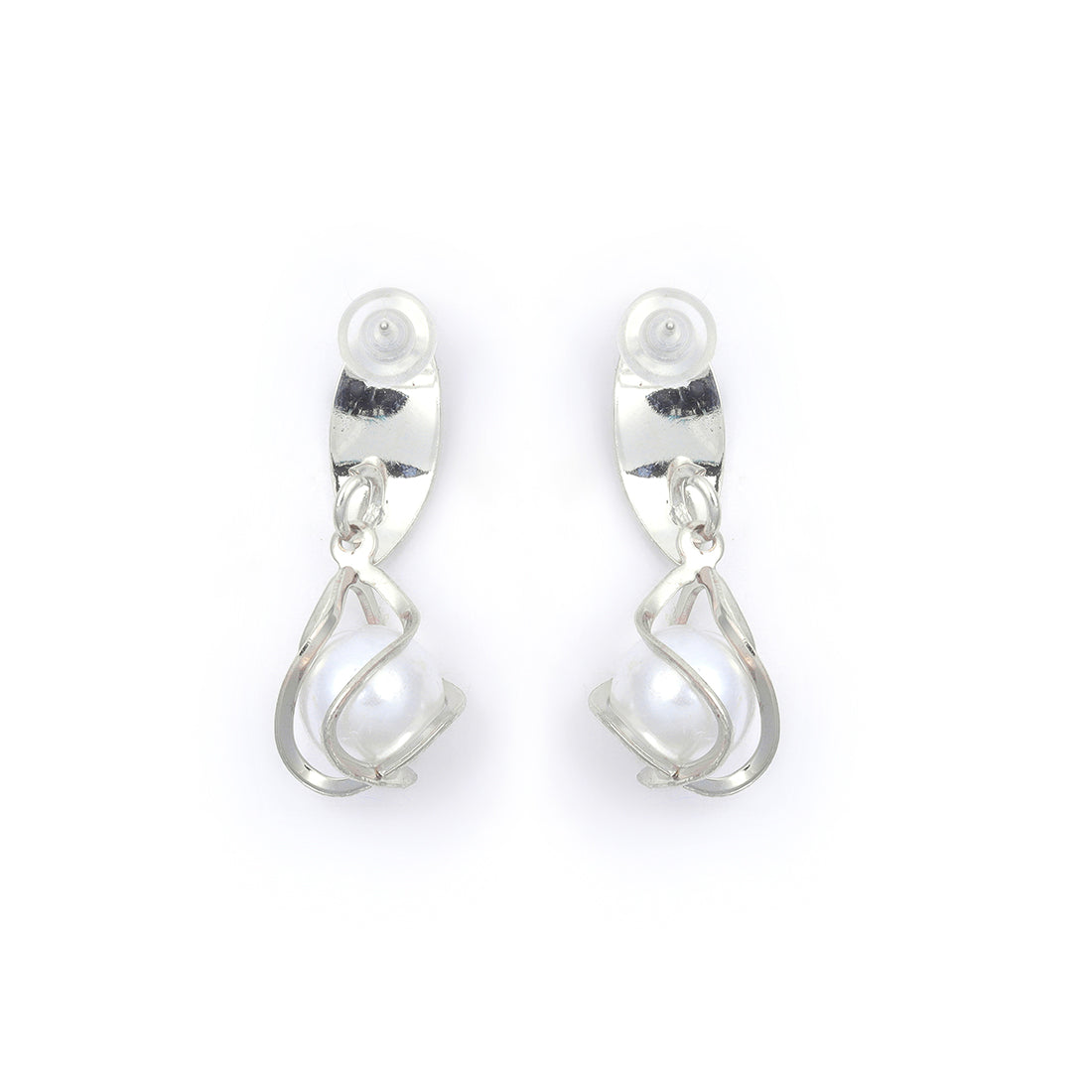 Chic Silver-Toned Earrings With Lustrous Pearl Drops.