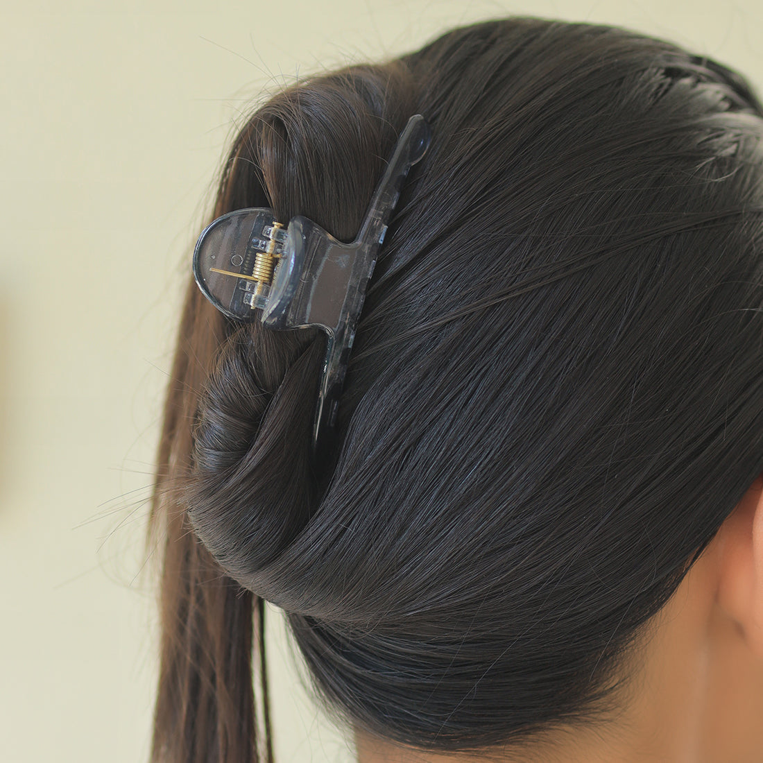 Chic Set Of Three Hair Clutches In Transparent, Tan, Green, And Grey Shades.