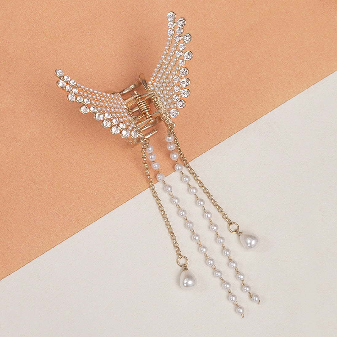 Diamante Rhinestones Studded Metallic Gold-Toned Pearl Tassel Drop Hair Claw Clip