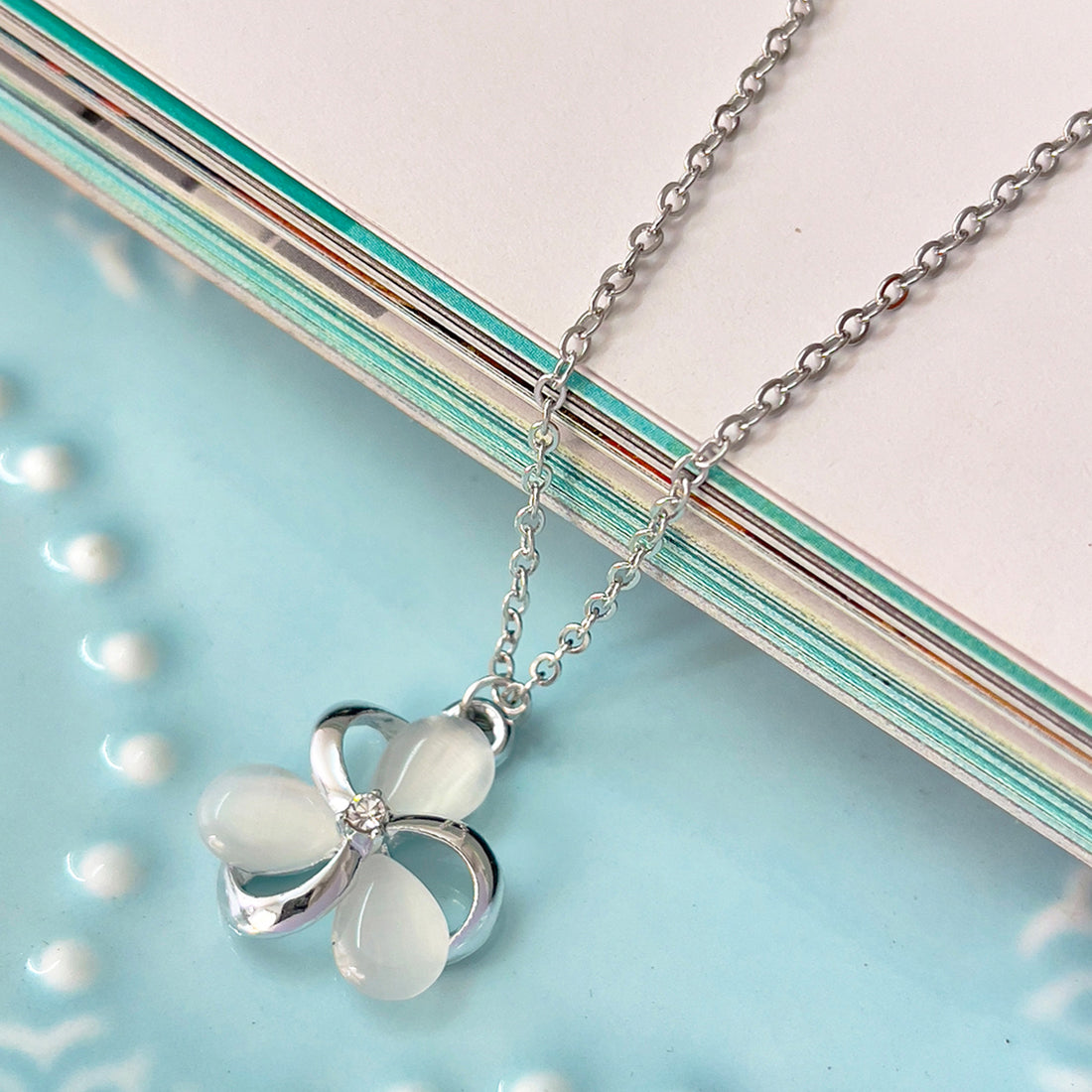 Flower Moonstone & Diamante Stud Mini Pendant Silver-Toned Dainty Necklace