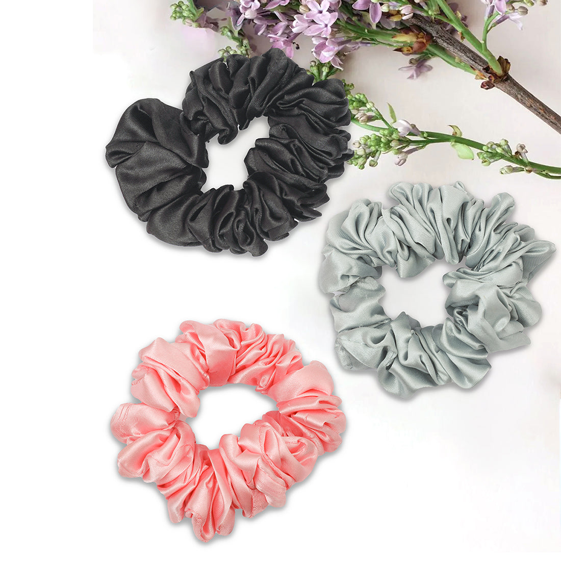 Set Of Three Colorful Satin Scrunchie Hair Ties