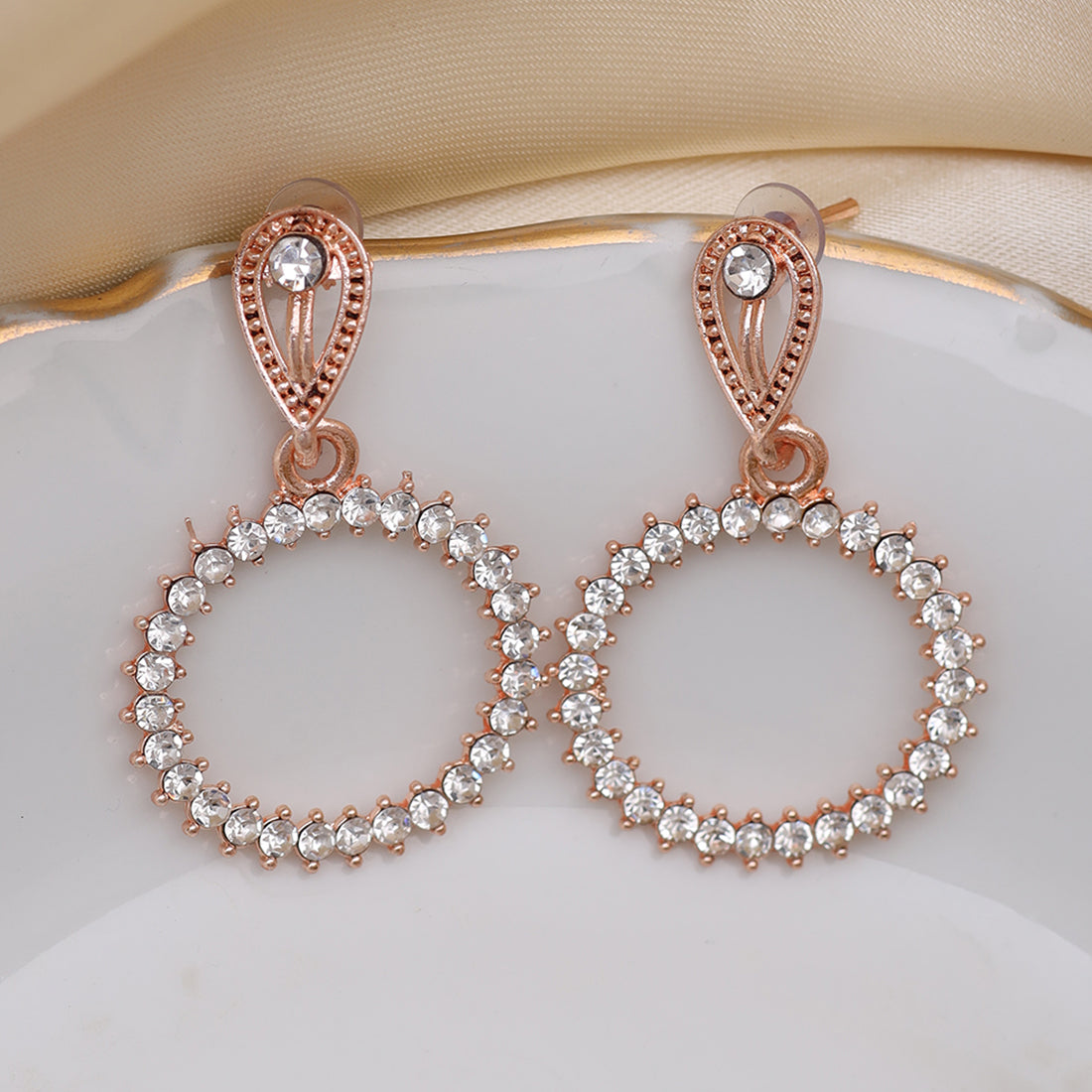 Elegant Contemporary Rose Gold Diamante Studded & Metallic Oval-Shaped Drop Earring