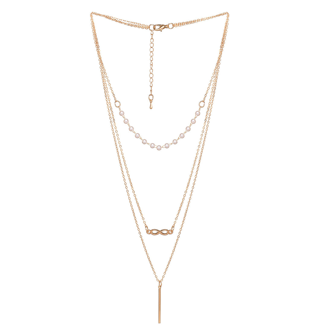 Trendy Three Layered Gold Necklace with Pearls Chain and Infinity