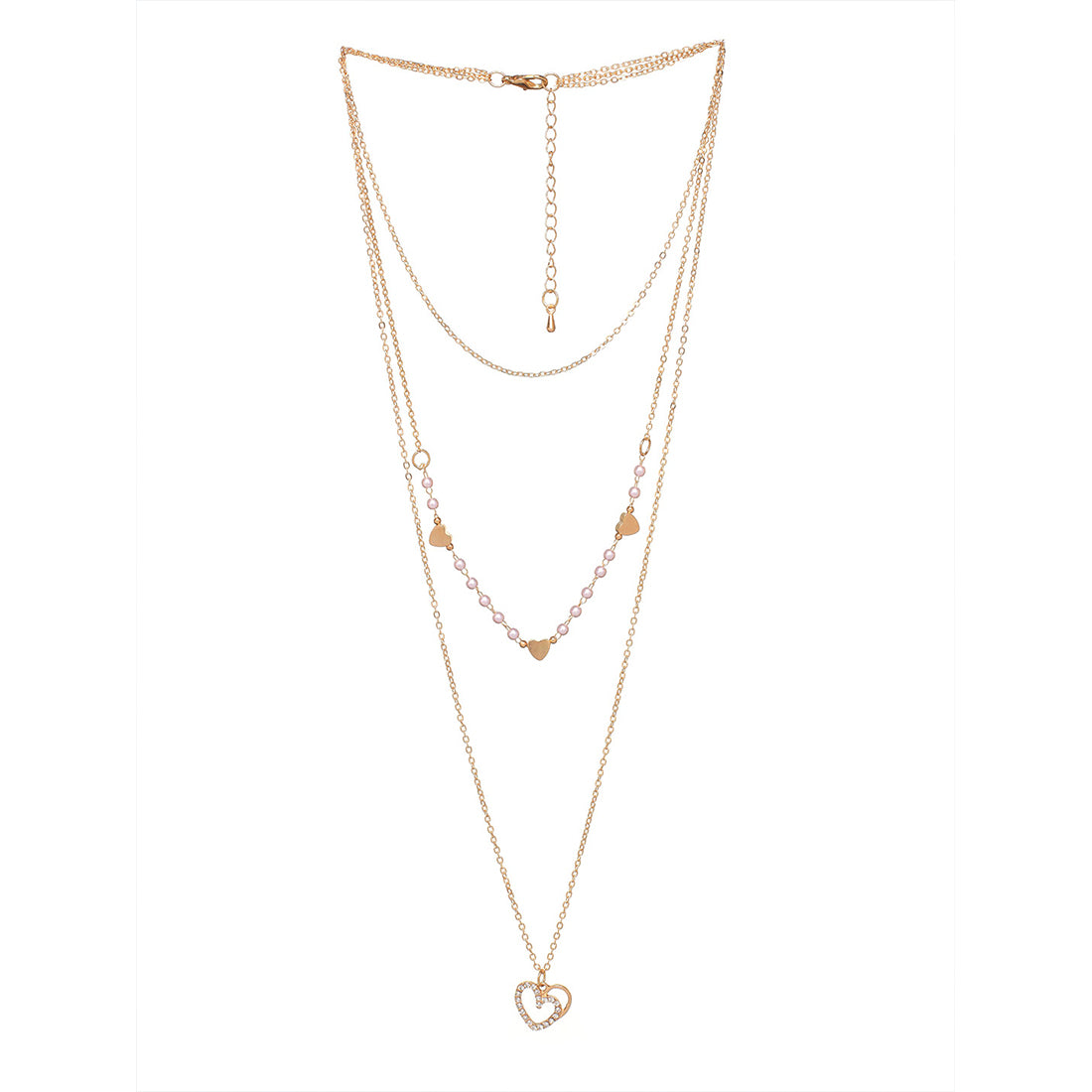 Chic & Trendy Three Layered Gold Necklace with Two Hearts Pendant and Diamante