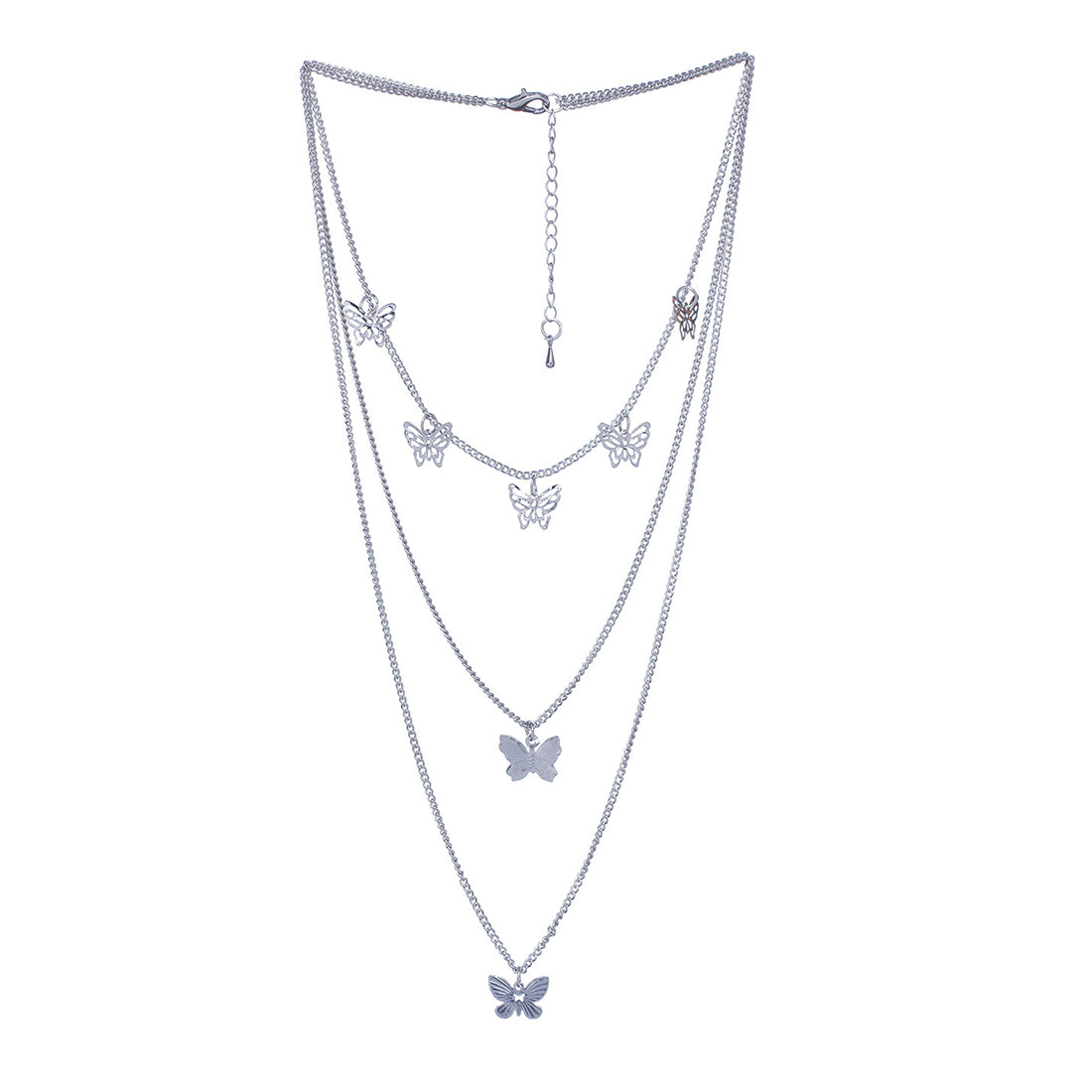 Triple Layer Silver Necklace - Multiple Flying Butterflies
