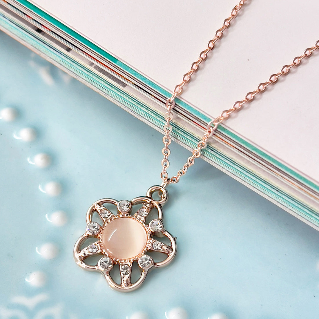 Flower Moonstone & Diamante Stud Mini Pendant Rose Gold-Toned Dainty Necklace