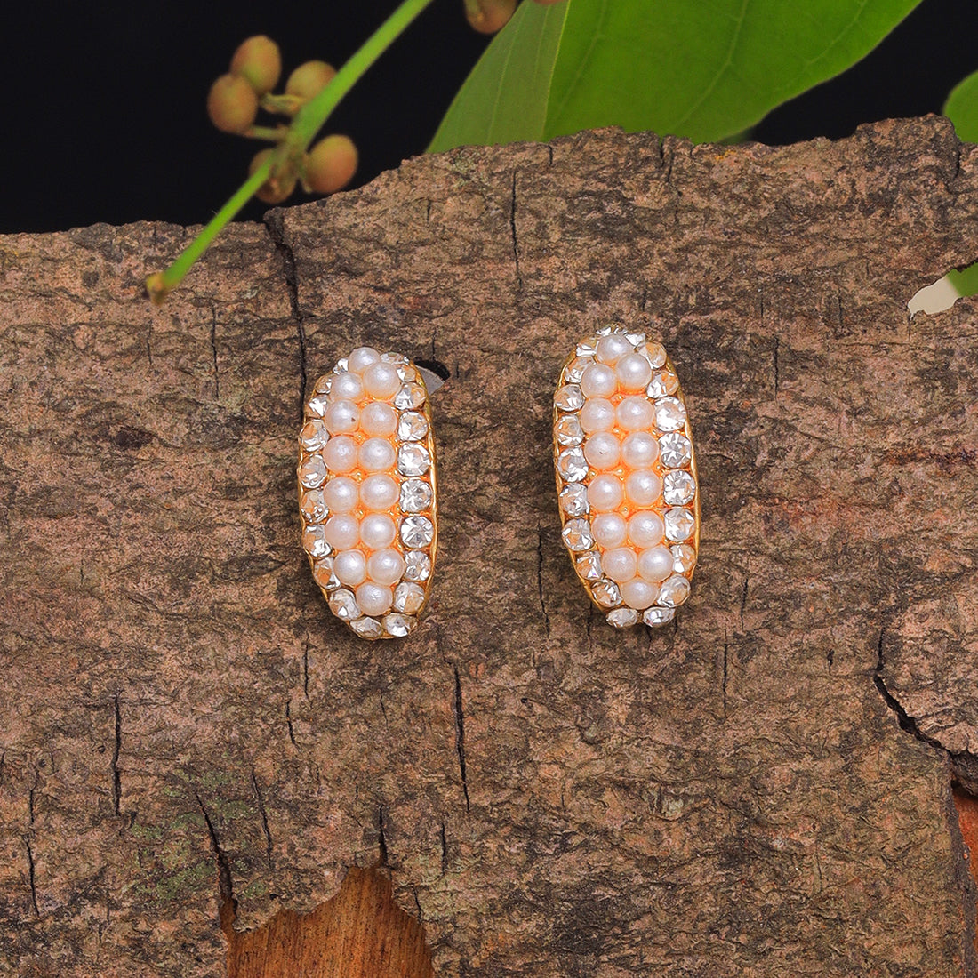 Gold-Toned Half Hoops With Diamante And Seed Pearls