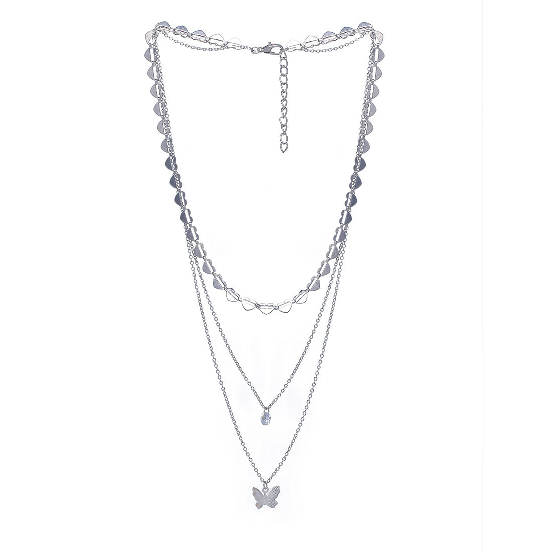 Trendy Three Layered Silver Necklace with Butterfly Pendant , diamonti stone and Chain of Hearts
