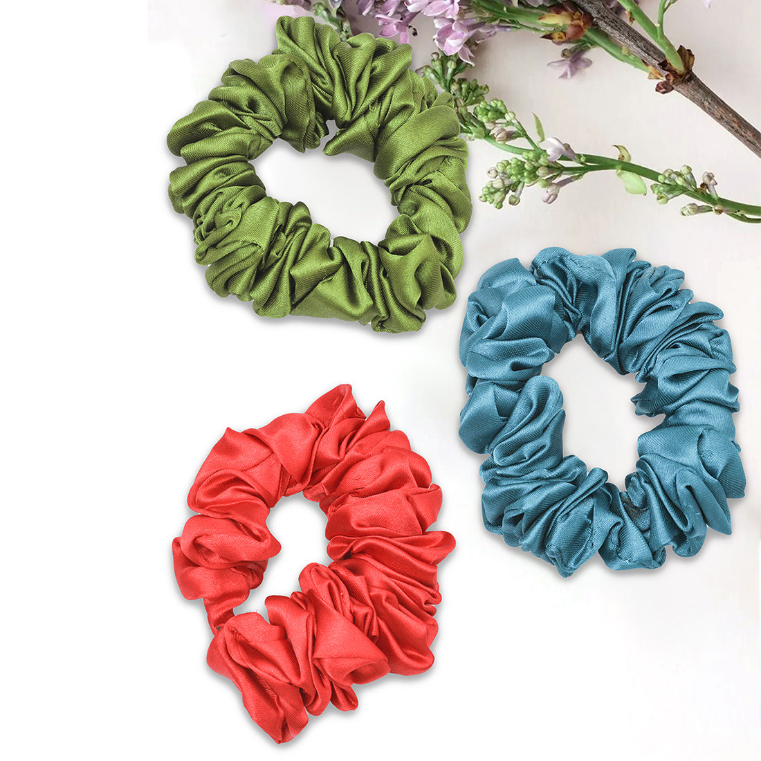 Set Of Three Multicolor Colorful Satin Scrunchies Hair Ties
