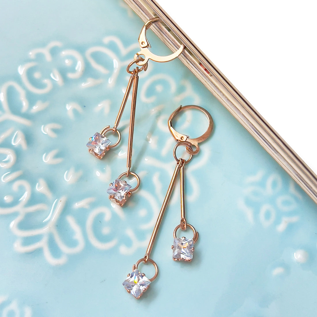 Square White Crystal Diamante Stud Rose Gold-Toned Hoop Drop Earrings