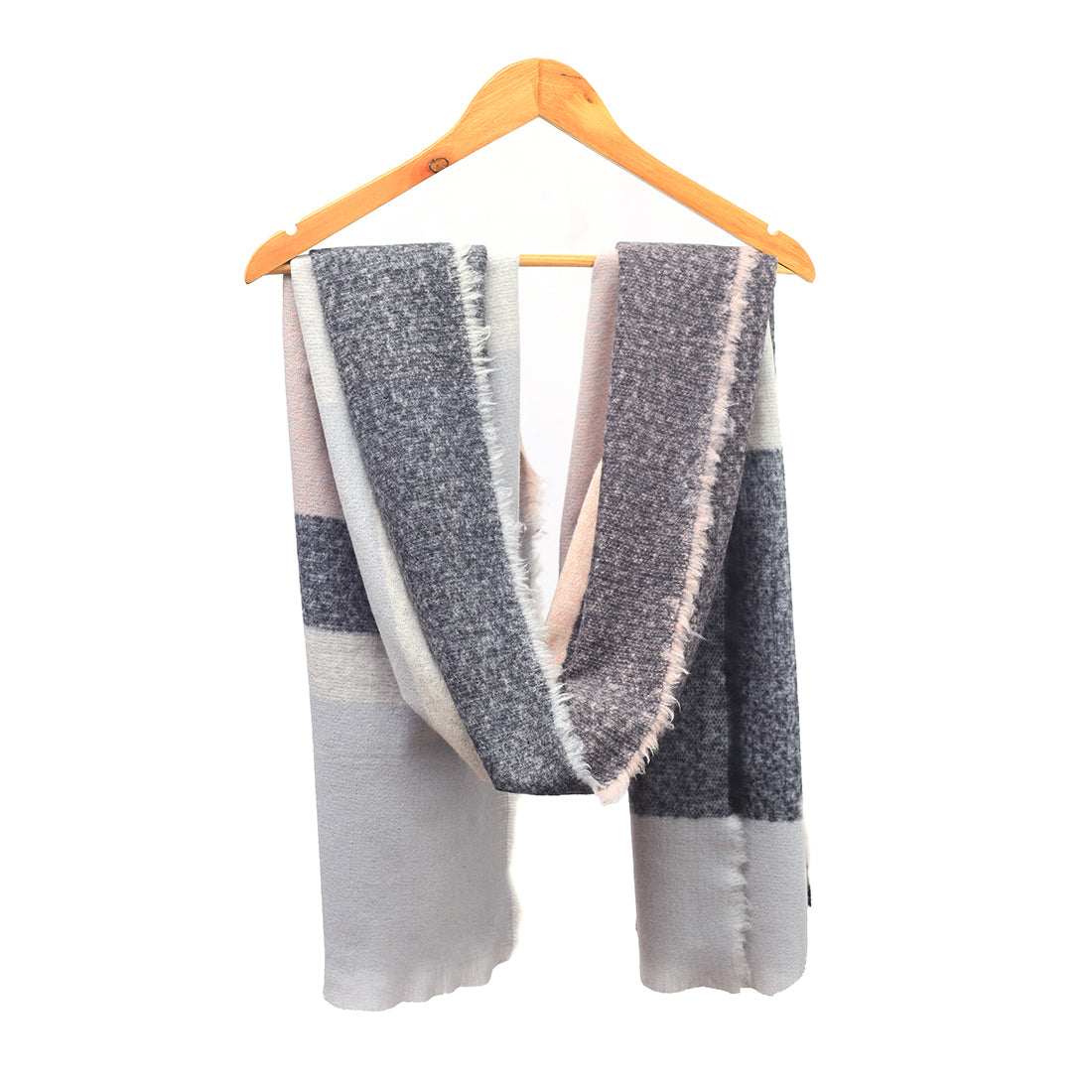 Geometric Winter Scarf In Grey, Black, And Rose With Fringes