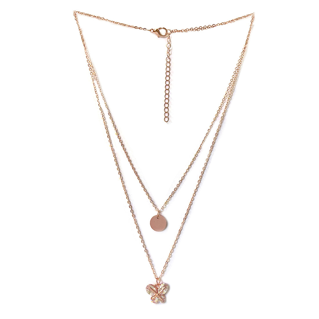 Contemporary Circular & Diamante Studded Butterfly Pendant Rose Gold-Toned Multi-Layered Necklace