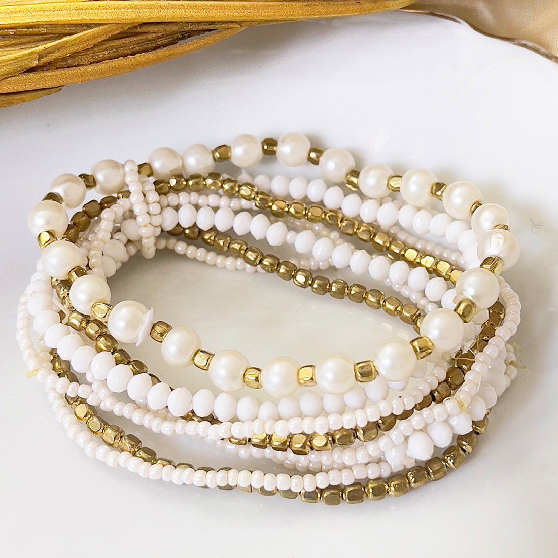 Beaded Gold & White Multilayered Elastic Boho Bracelet