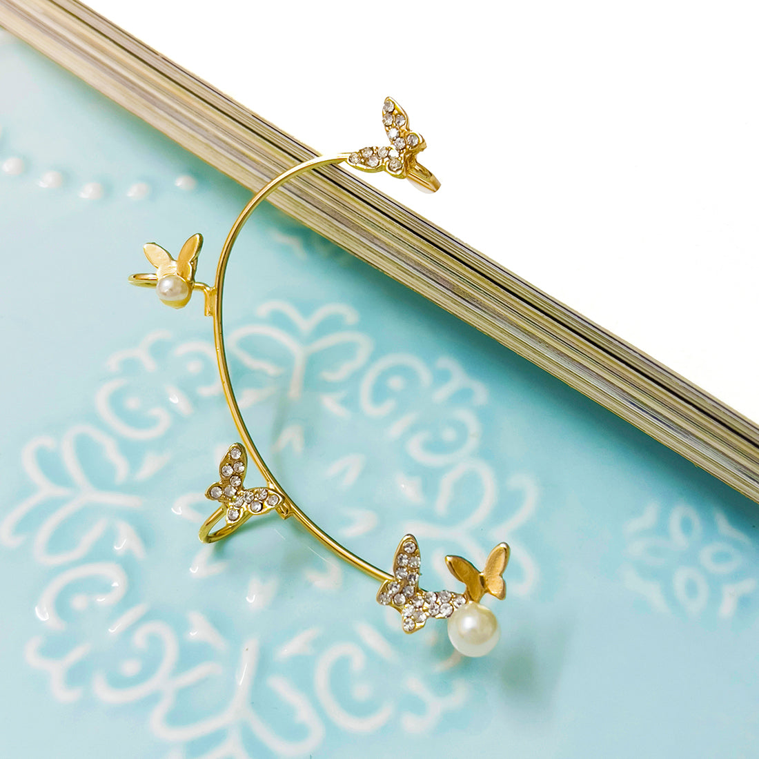 Butterfly Diamante & Pearl Studded Metallic Gold Cuff Earring