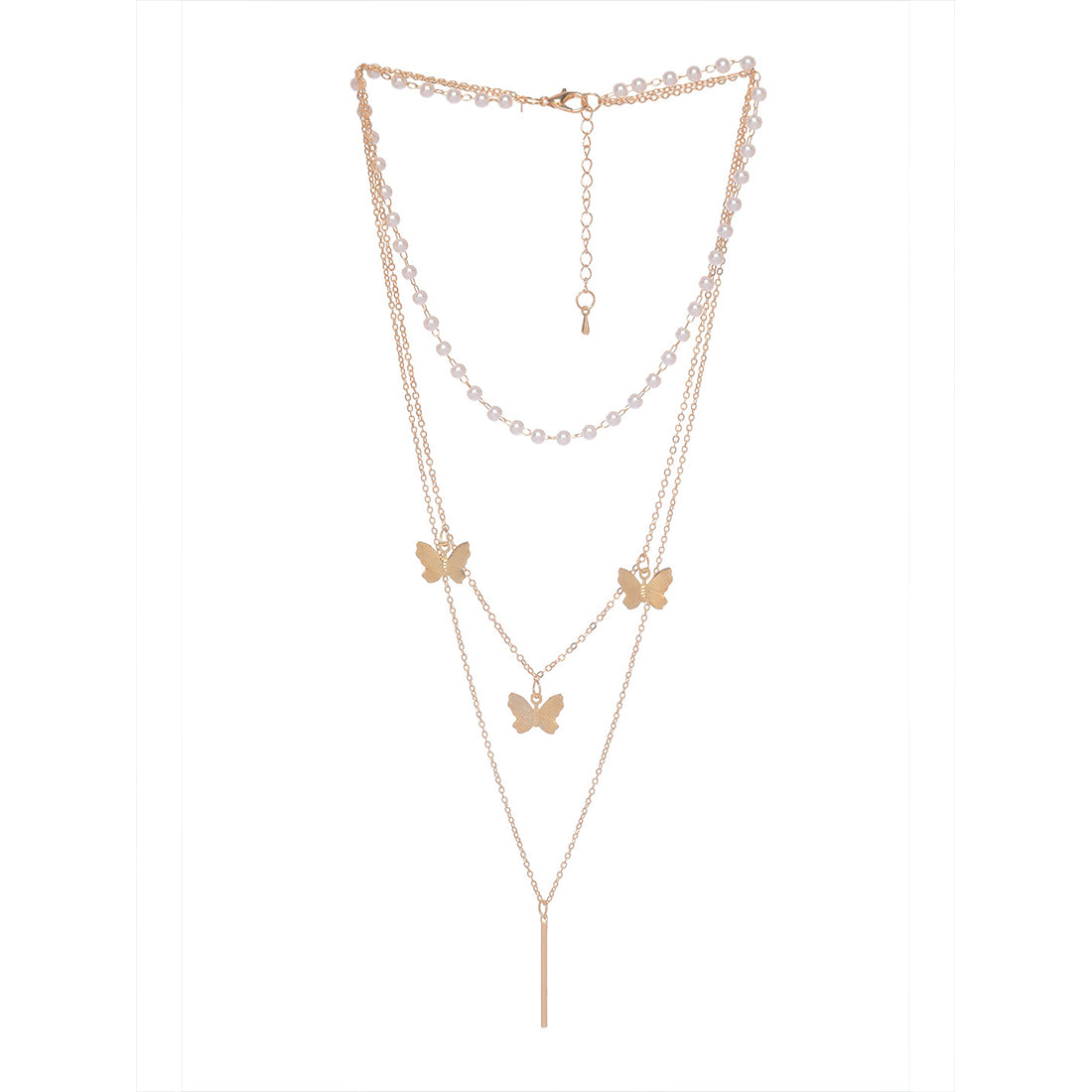 Trendy Butterfly Pendants Three Layered Gold Necklace with Pearls Chain