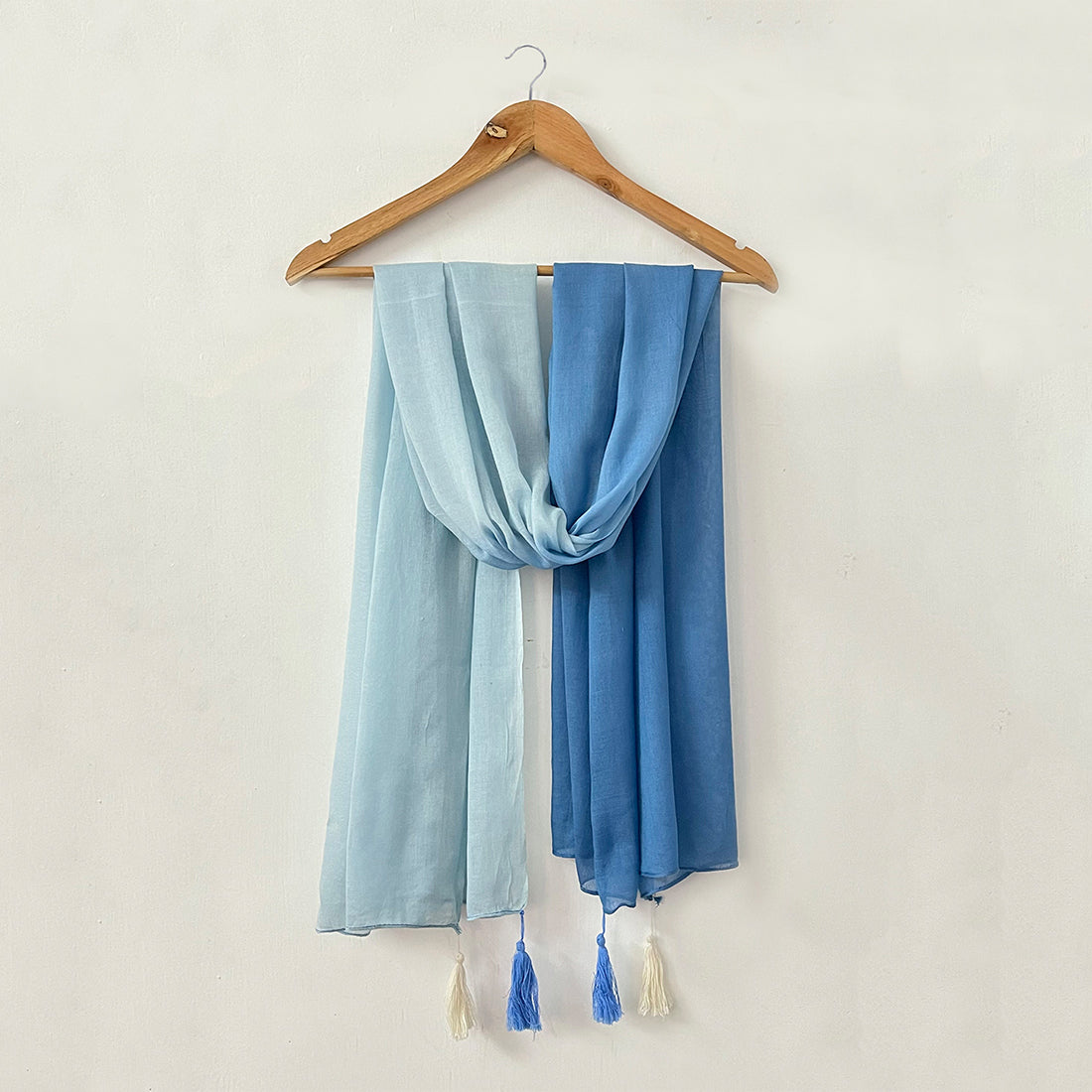 Blue Ombre Double Shaded Viscose Scarf with Corner Tassels