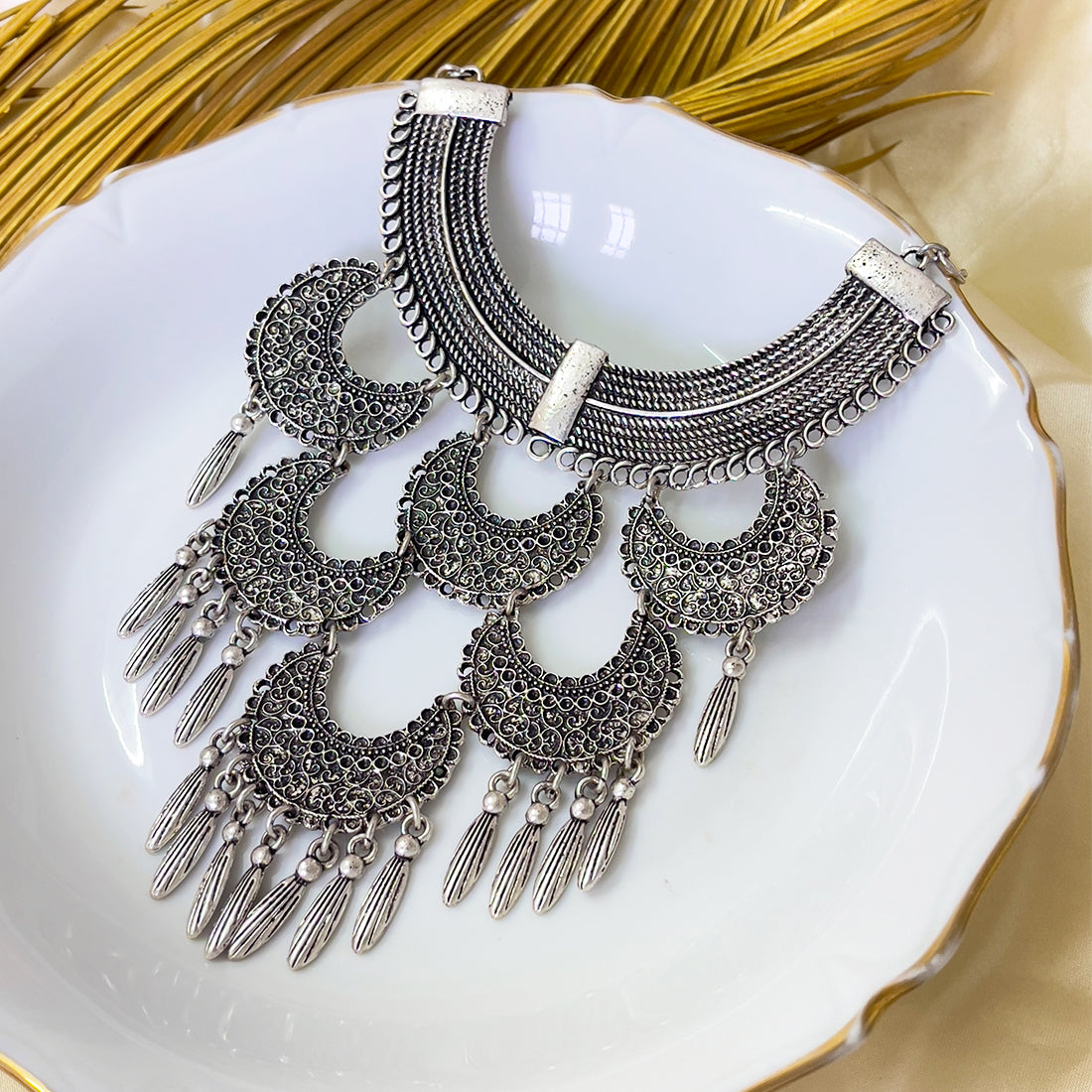 Ethnic Oversized Dangling Charms Silver Oxidized Necklace