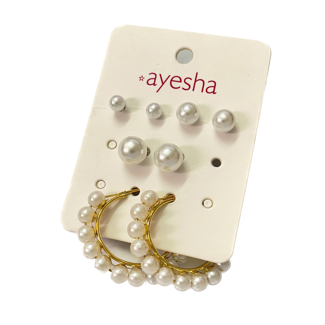 Set Of 4 Pearl Studs In Different Sizes & Gold-Toned Pearl Studded Hoop Earrings
