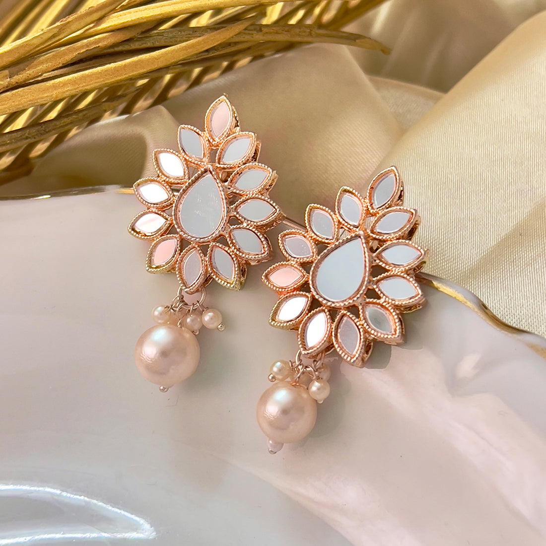 Rose-Gold Teardrop Flower Shaped Pearl Drop Earrings
