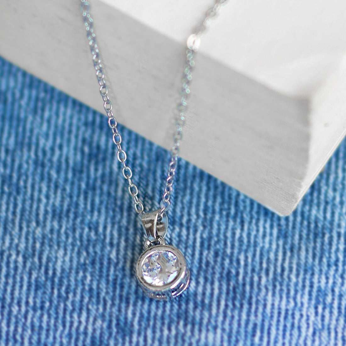 Circular Diamante Stud Silver-Toned Mini Pendant Necklace