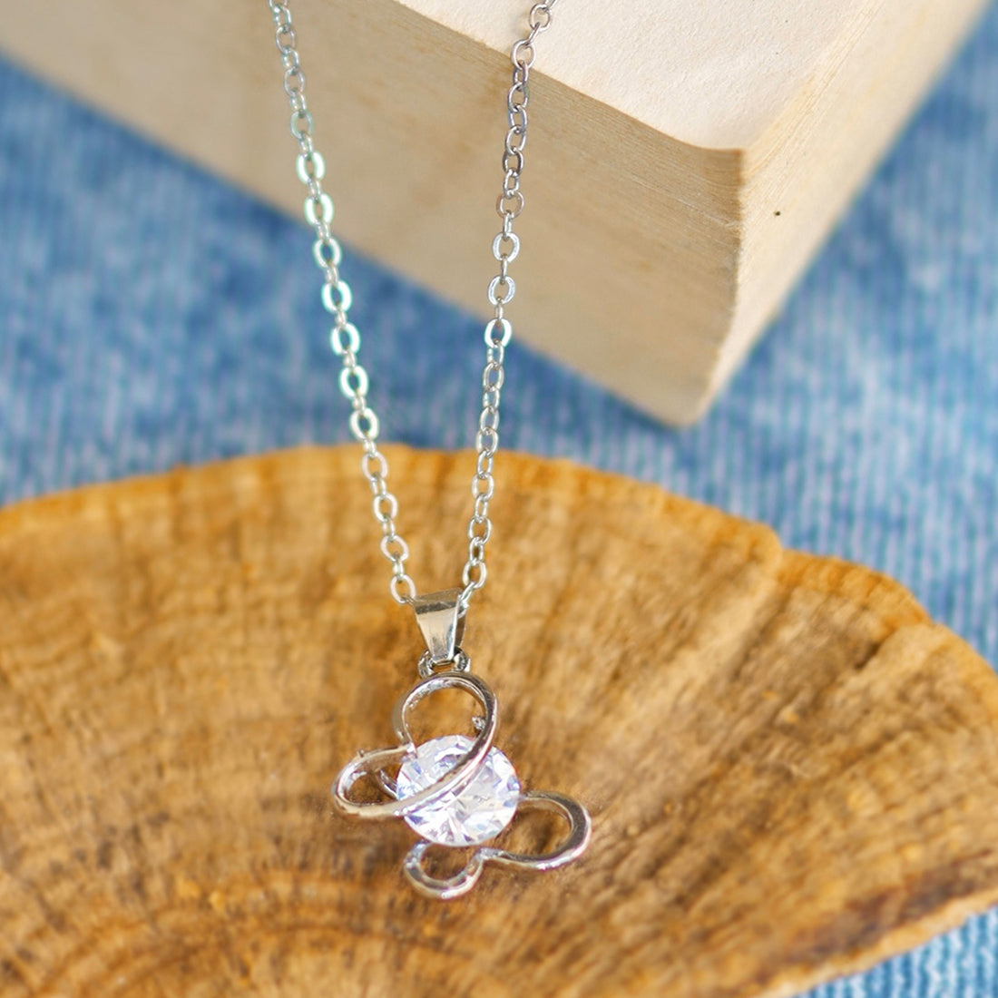 Butterfly Diamante Stud Silver-Toned Mini Pendant Necklace