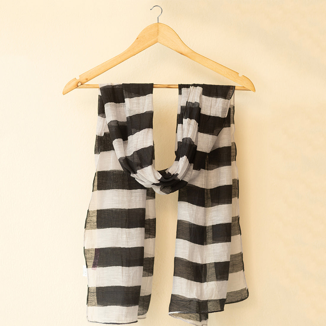 Black & White Vertical Striped Silk Cotton Blend Scarf