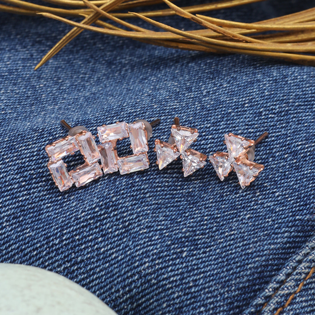 Set Of 2  Rose Gold-Toned Studs With Shimmering Rhinestones.