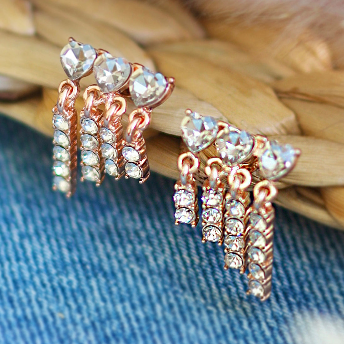Rhinestone Diamante Studded Rose-Gold Toned Asymmetric Short Tassel Drop Earrings