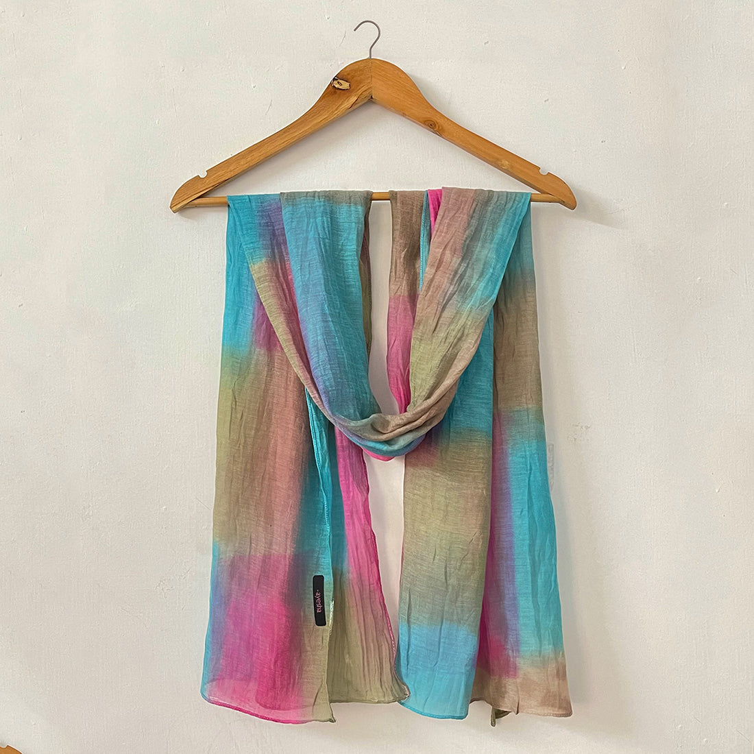 Shades of Pink, Blue & Khaki Ombre Square Patches Silk-Cotton Blend Crinkle Effect Scarf