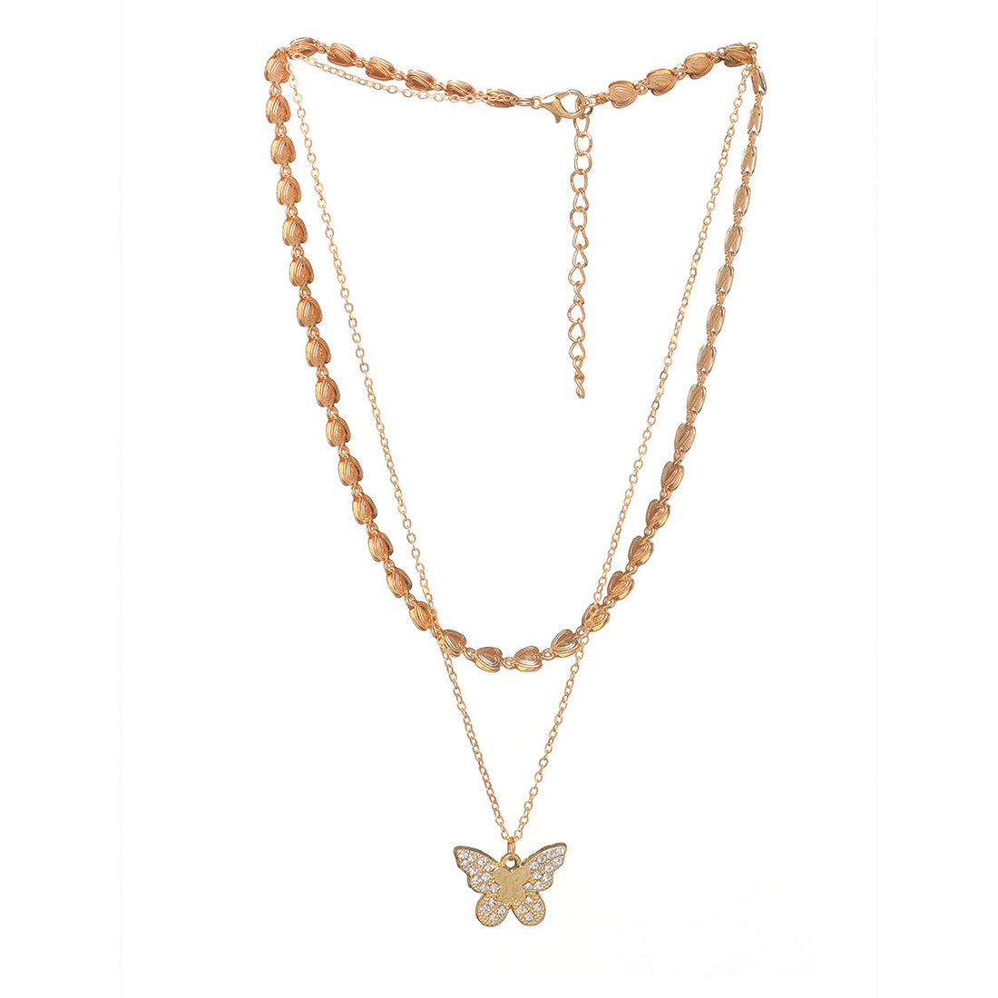 Two Layer Necklace - Butterfly Pendant, Chain of Hearts