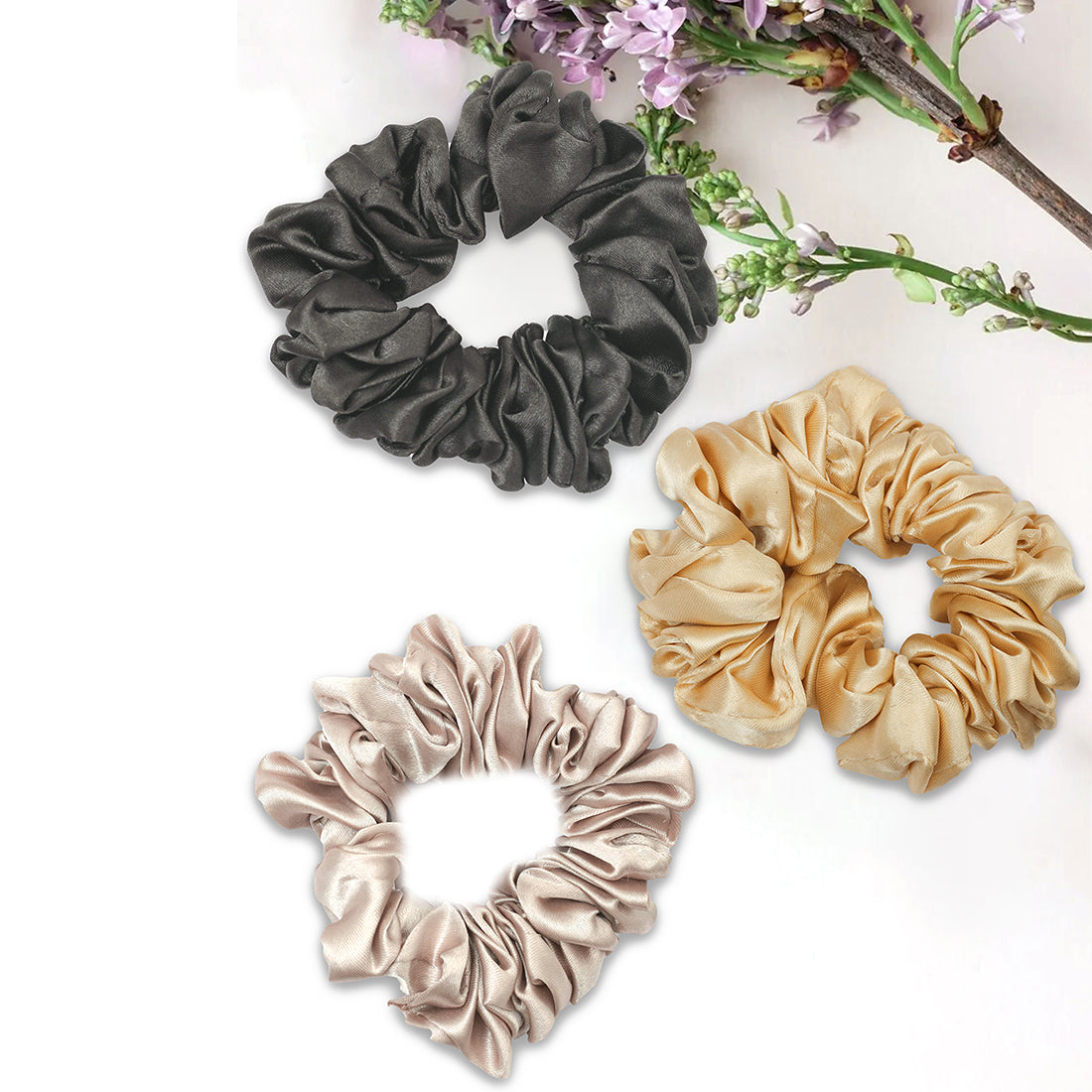 Set Of Three Stylish Colorful Satin Scrunchies Hair Ties