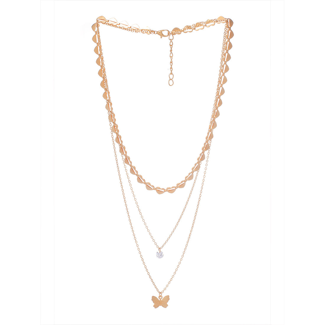 Trendy Three Layered Gold Necklace with Butterfly Pendant , diamonti stone and Chain of Hearts