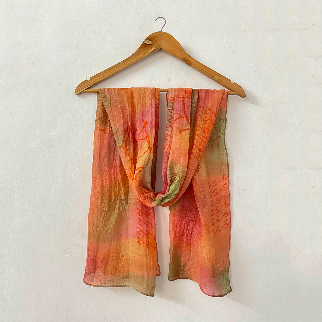 Tribal Printed Multicolor Orange & Pink Ombre Square Patches Silk-Cotton Blend Crinkle Effect Scarf