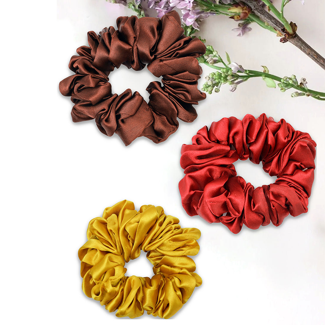 Set Of 3 Stylish Colorful Satin Scrunchie Hair Ties