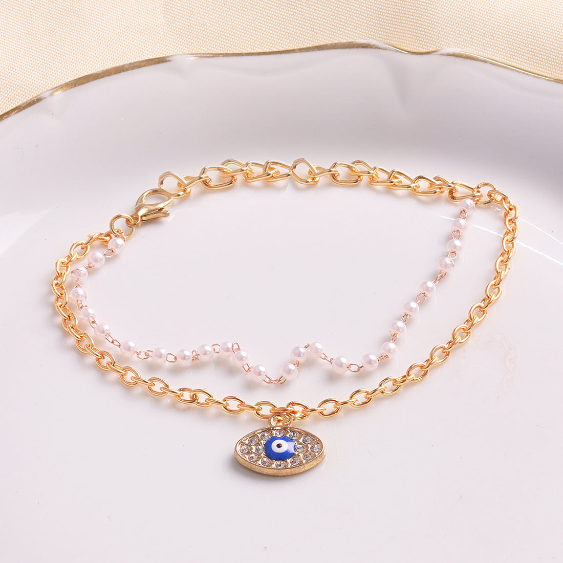 Two-Layer Seed Pearl And Chain Bracelet With Diamante Evil Eye