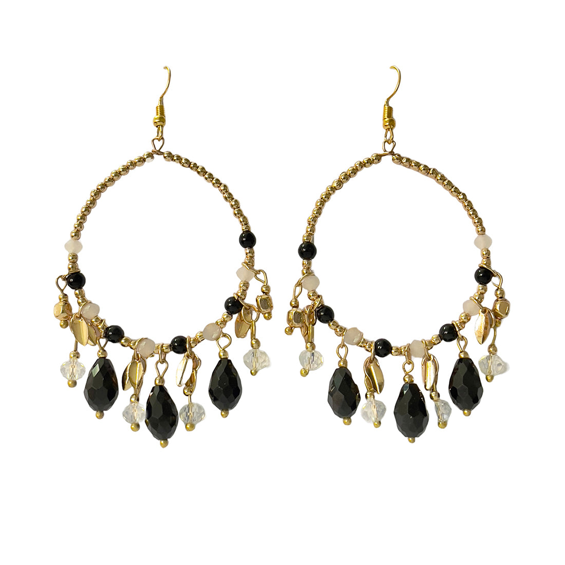 Oversized Gold-Toned Oval Shaped Multicolor Rhinestone & Beaded Drop Boho Hook Earrings