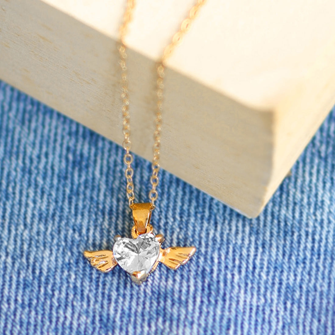 Diamante Heart with Wings Gold-Toned Mini Pendant Necklace