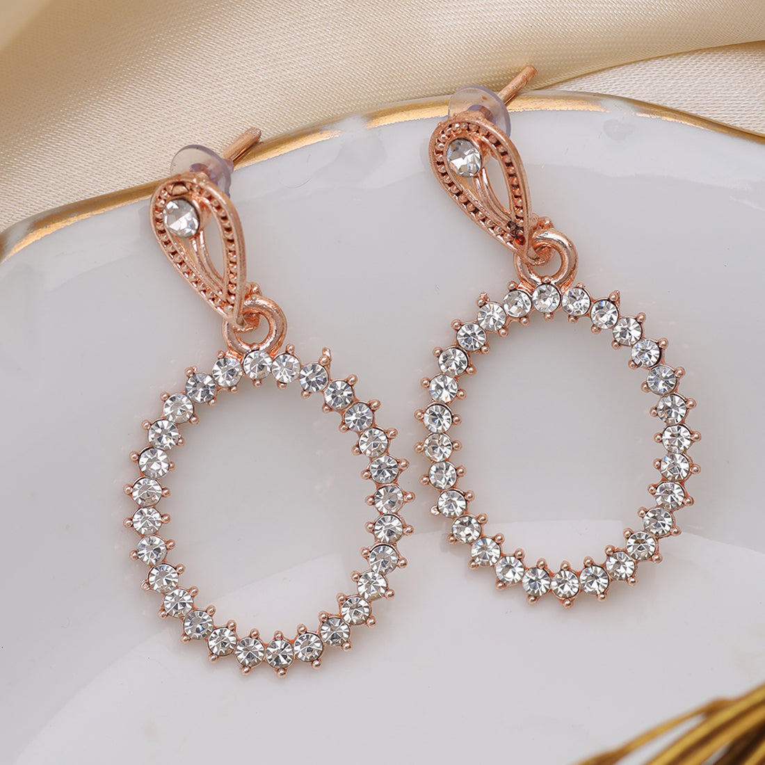 Elegant Contemporary Rose Gold Diamante Studded & Metallic Oval-Shaped Drop Earring