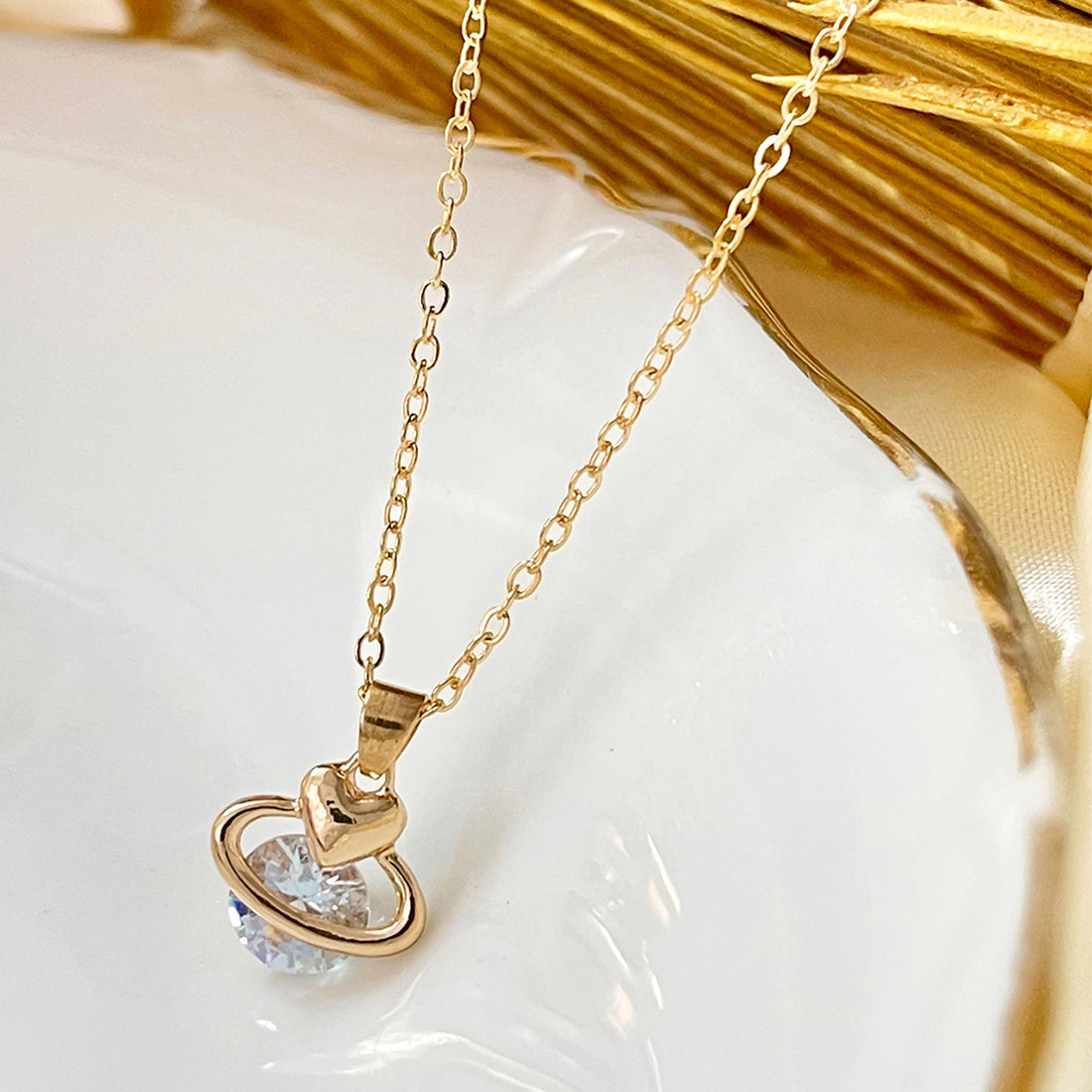 Ayesha Mini Love Planet with Diamante Stud Pendant Gold-Toned Necklace