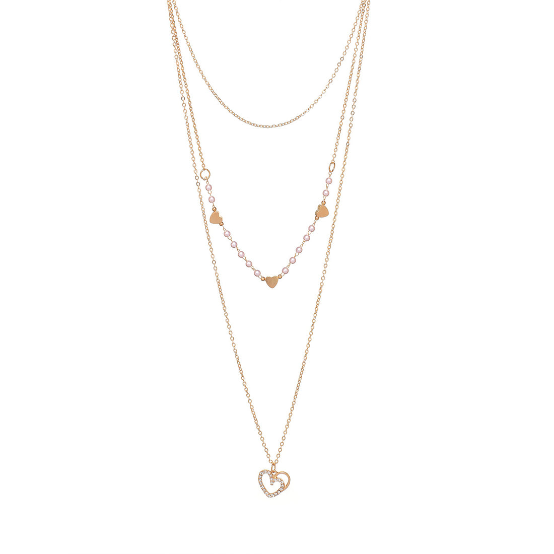 Chic & Trendy Three Layered Gold Necklace with Two Hearts Pendant and Diamante